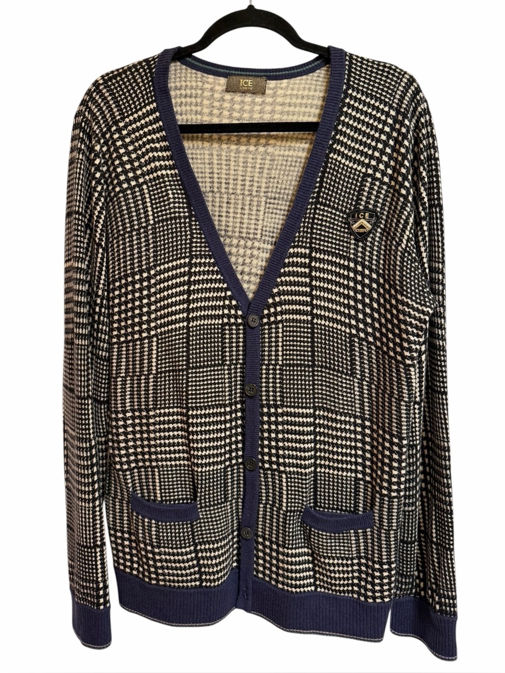 Ice By Iceberg Virgin Wool Houndstooth Cardigan Ivory Black XL Navy Green Trim